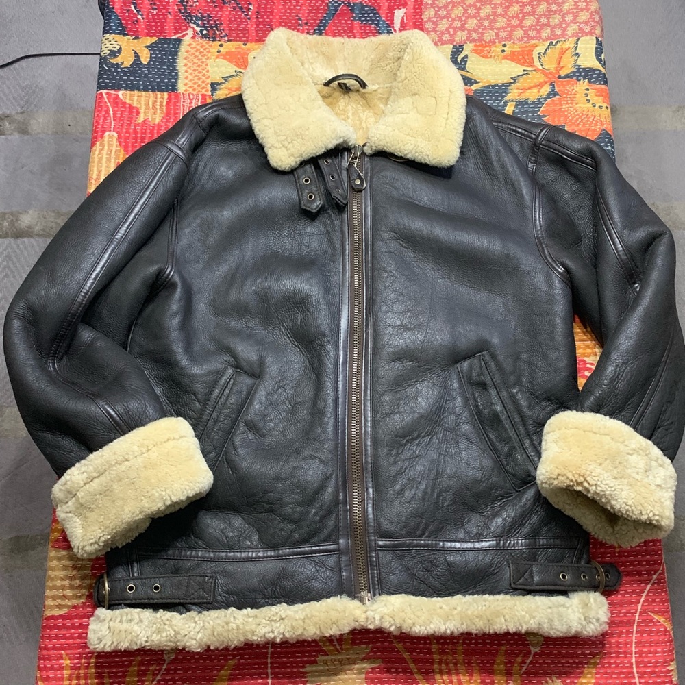 Brown Shearling Leather Aviator Coat XL